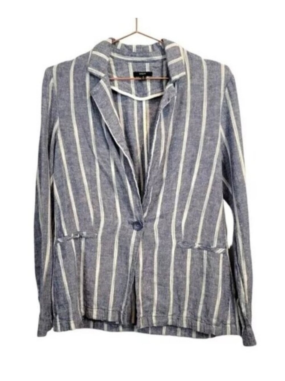 Anthropologie Drew | Linen Striped 1 Button Closure Blazer Jacket White Blue